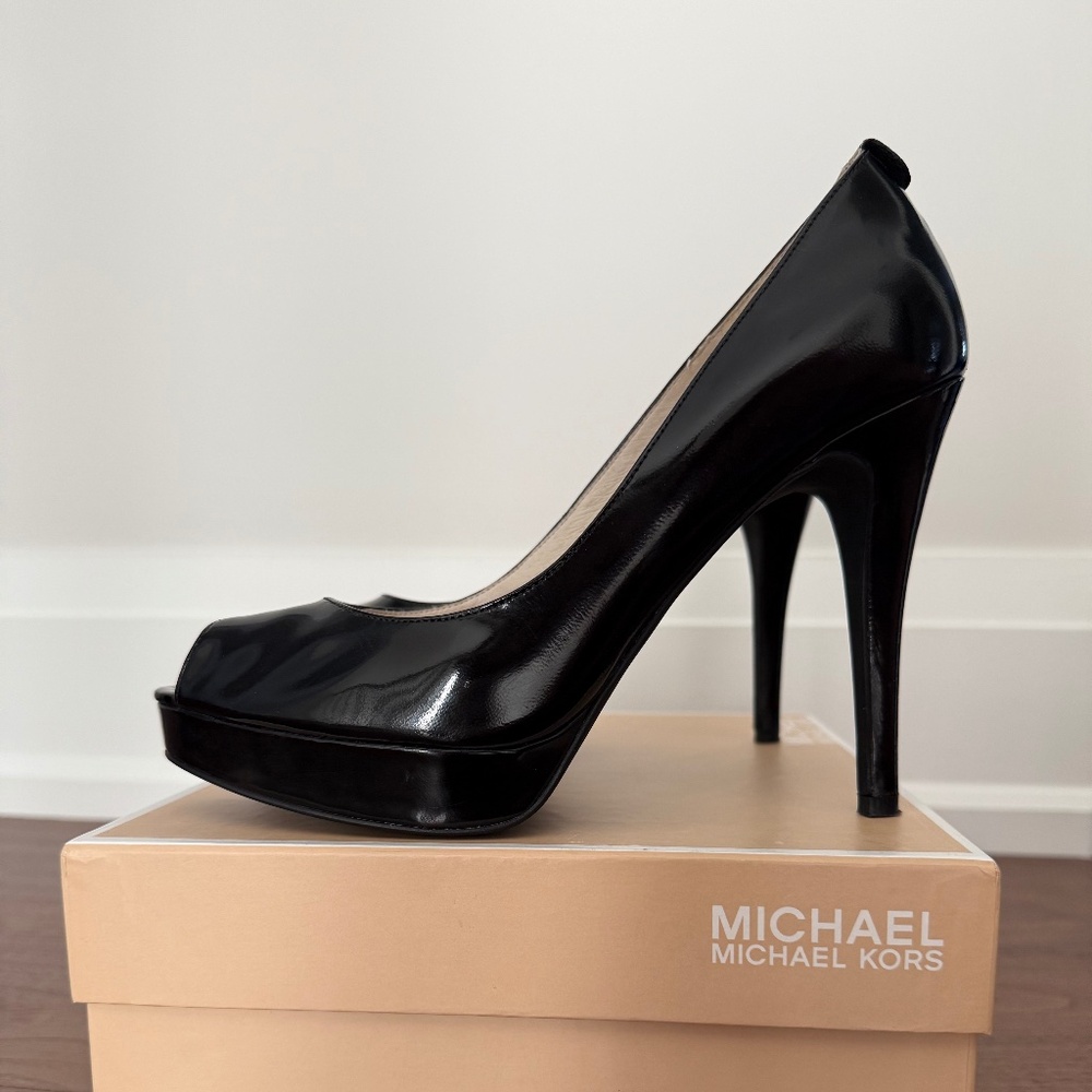Michael Kors black patent platform peep-toe pumps